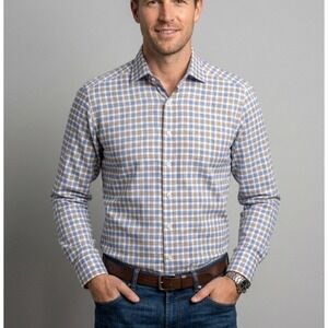 Eton Slim Fit Dress Shirt Mens 16.5 42 Blue Brown Check Plaid Cotton Romania